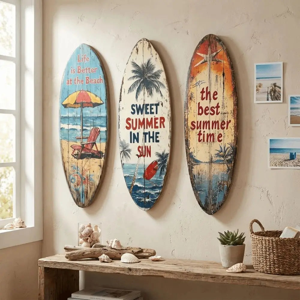 décoration murale planche surf couleur plage motif vieilli bois parasol chaise longue palmier sóng