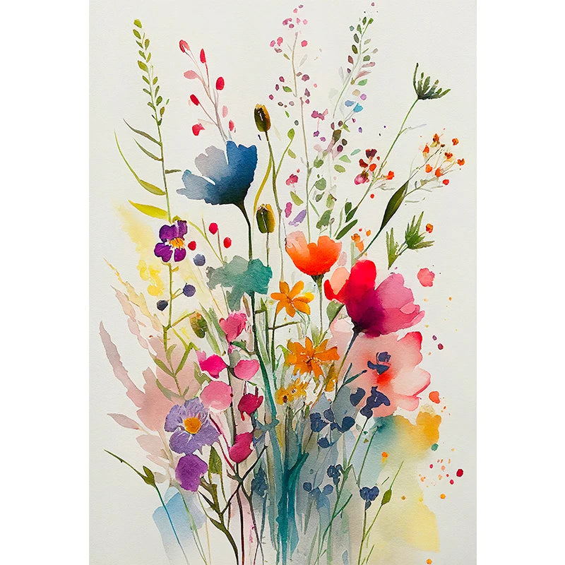 tableau moderne minimaliste multicolore fleurs aquarelle toile cadre bois chambre salon déco sans frame