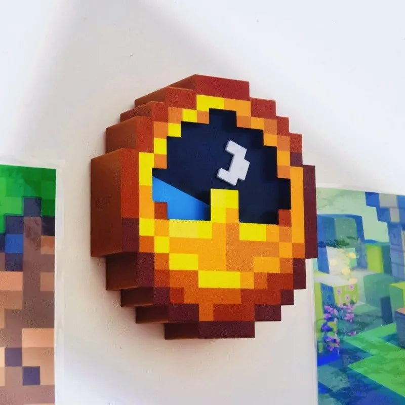 horloge murale pixel art kawaii orange jaune bleu aiguilles cadran vintage rétro
