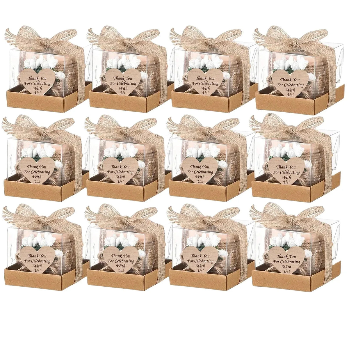 bougies poser blanc motif papier kraft fleurs blanches étiquette cœur rustique mariage remerciement 12