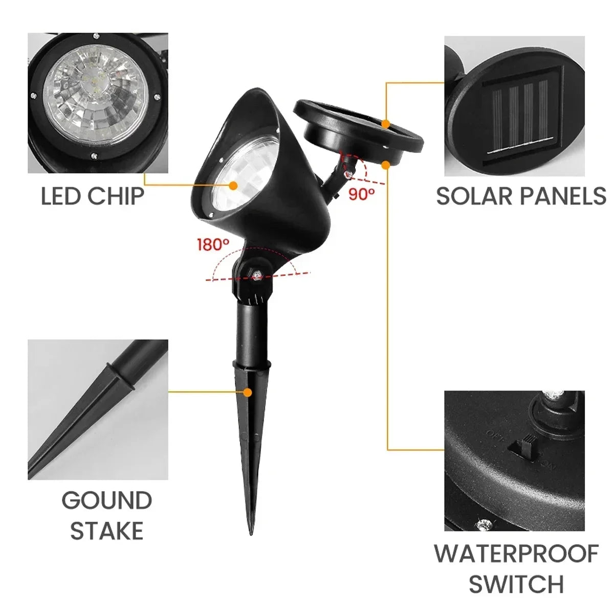 projecteur solaire extérieur moderne étanche ip65 led noir piquet fixations panneau solaire commutateur étanche