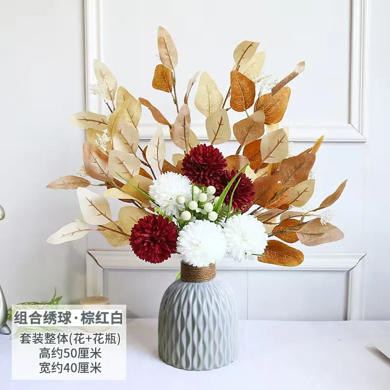 bouquet artificiel moderne fleurs boules feuilles vertes bleu blanc rouge