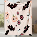 Couverture de lune charmante avec des chauves-souris et des citrouilles souriantes sur fond rose pastel, créant une ambiance festive et kawaii parfaite pour une décoration d'Halloween.