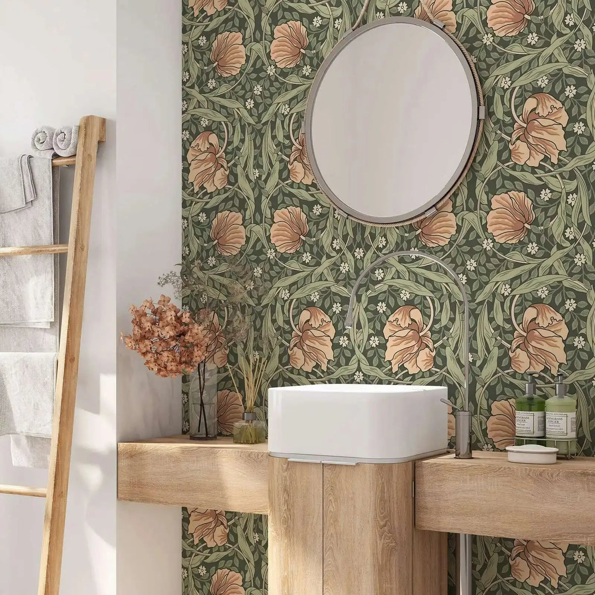 papier peint fleurs feuilles art nouveau vert beige auto adhésif résistant humidité
