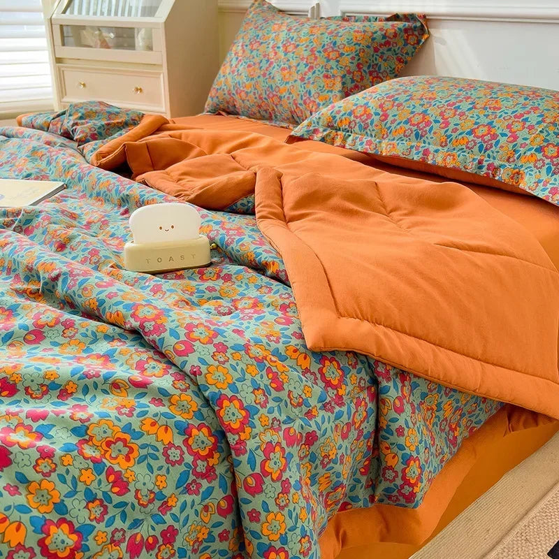 couvre lit fleuri orange bleu jaune vert moderne coton polyester été imprimé 200x230cm lavable