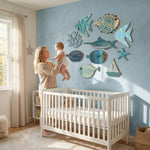 décorations murales poissons coraux bateaux marin rétro opaques lot 10 bleu blanc gris