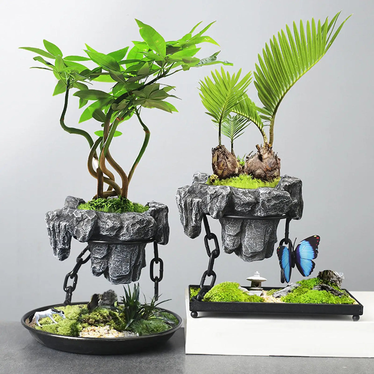 pot plante résine moderne gris chaînes métalliques papillon décoratifintérieur fleur verte bureauDecoration maison sculpté