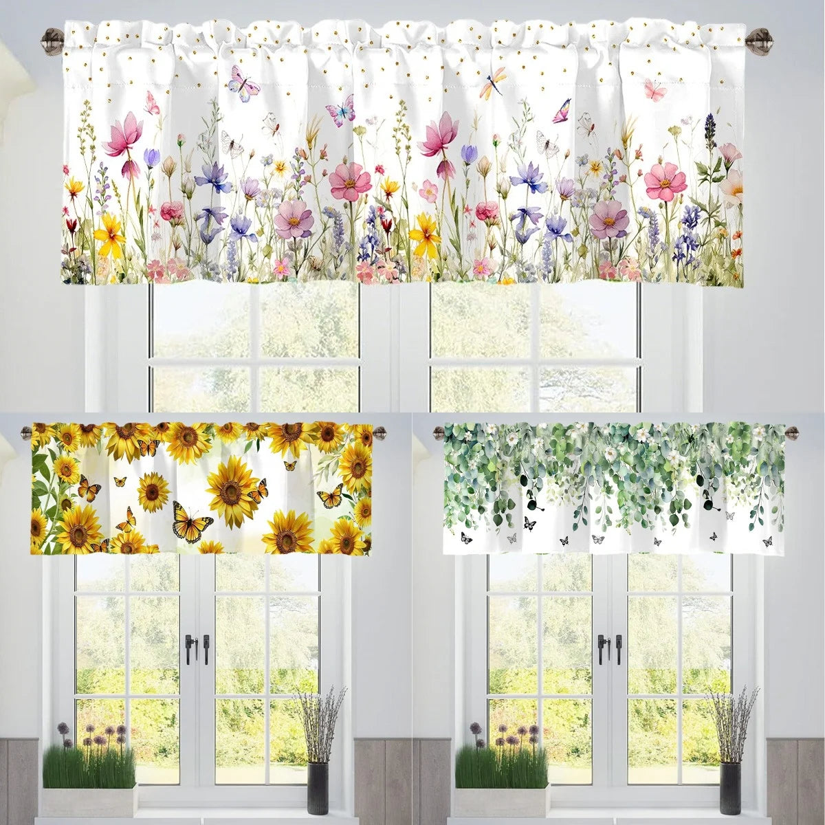 rideau floral printemps tournesol eucalyptus sauvage fleuri décoration fenêtre cuisine chambre semi transparent polyester