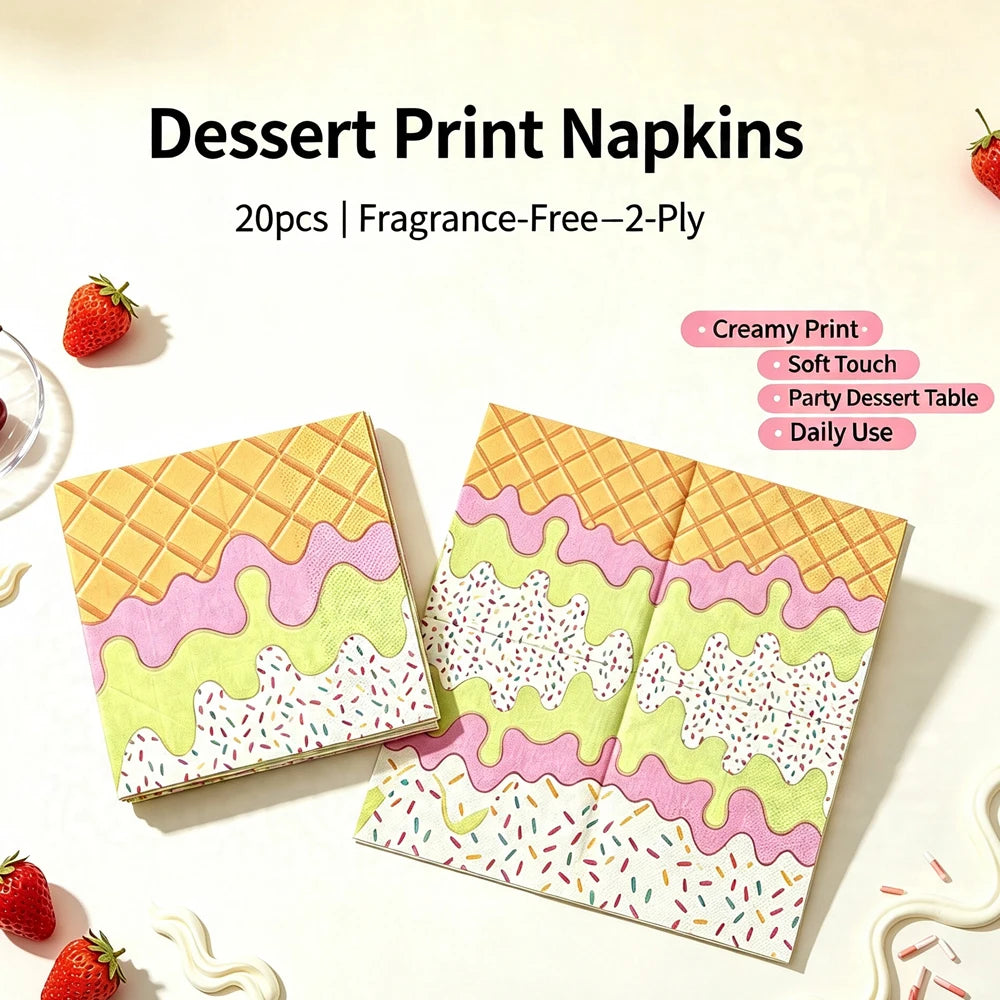 serviettes papier motifs desserts pliées rose vert jaune blanc festives anniversaire enfants transparentes