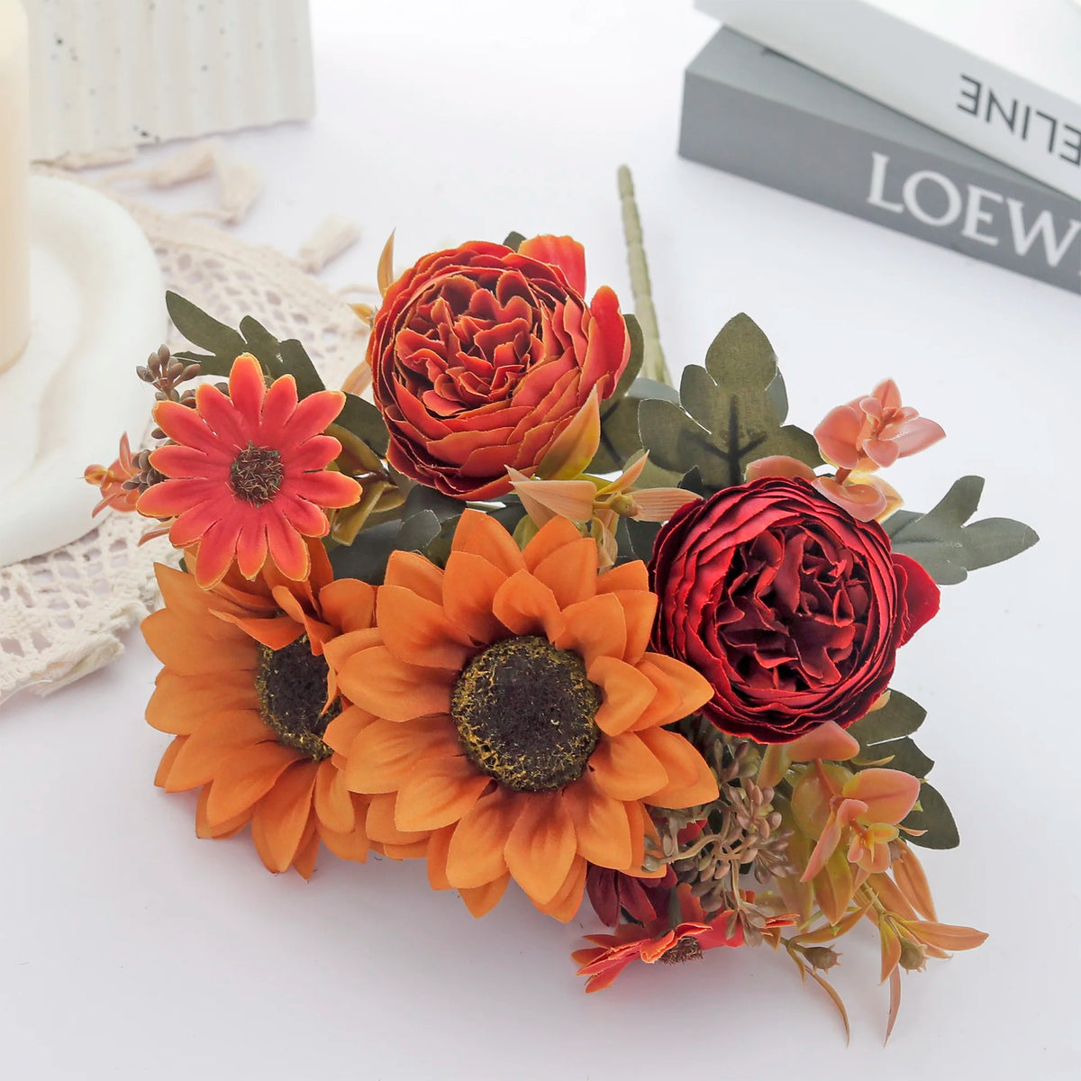 bouquet fleurs artificielles pivoine orange rouge beige vert blanc decoration mariage intérieur classique