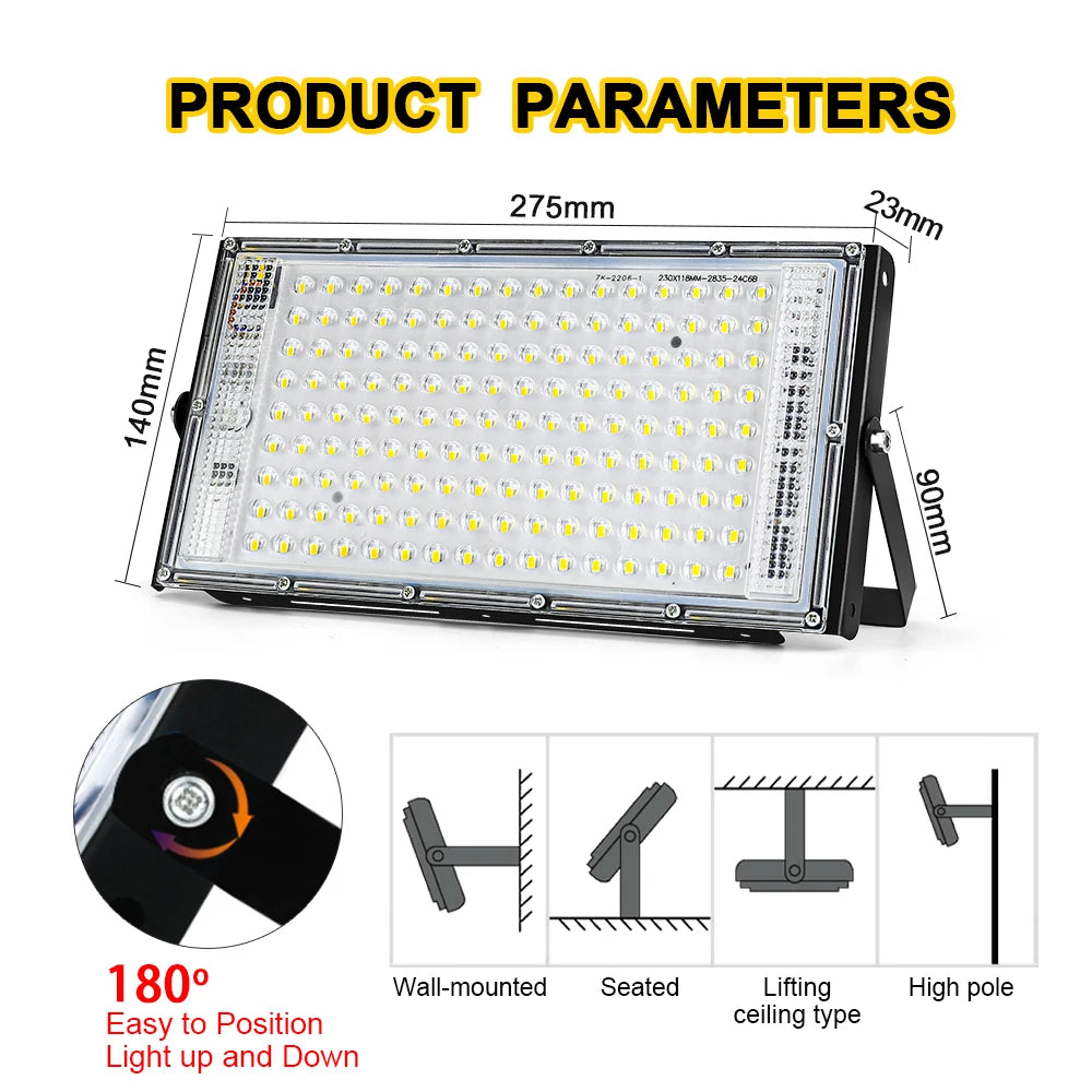projecteur led ip65 moderne 100w 220v noir blanc froid câbles inclusextérieur aluminium certifié rohs