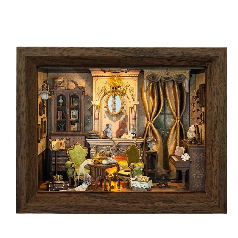 miniature salon bois classique fauteuils tapis rideaux horloge décoration cadeau anniversaire adulte