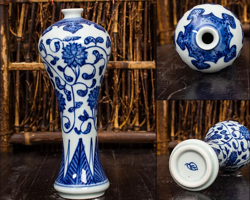 Bouteille porcelaine bleue et blanche peinte main artisanale décorative
