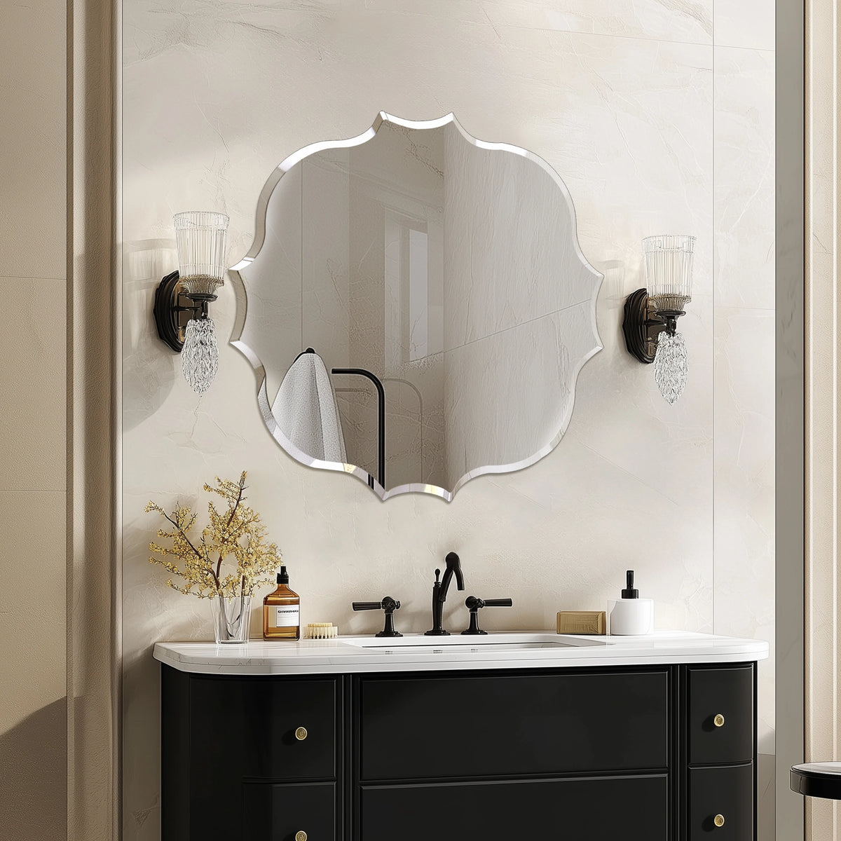 miroir moderne argenté bord ondulé portable autonome chambre salon entrée