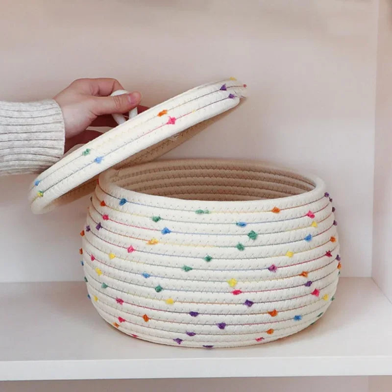 panier rangement coton tressé multicolore rustique poignée couvercle blanc points colorés hauteur 16cm 25cm
