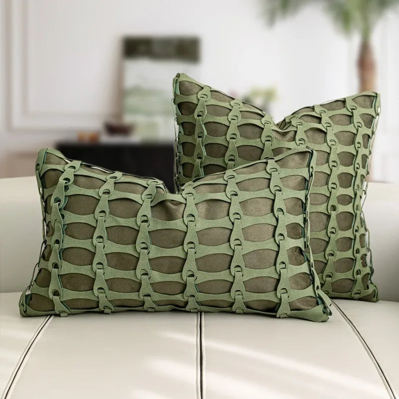 housse coussin vert olive motif géométrique contemporain polyester respectueux environnement coussin