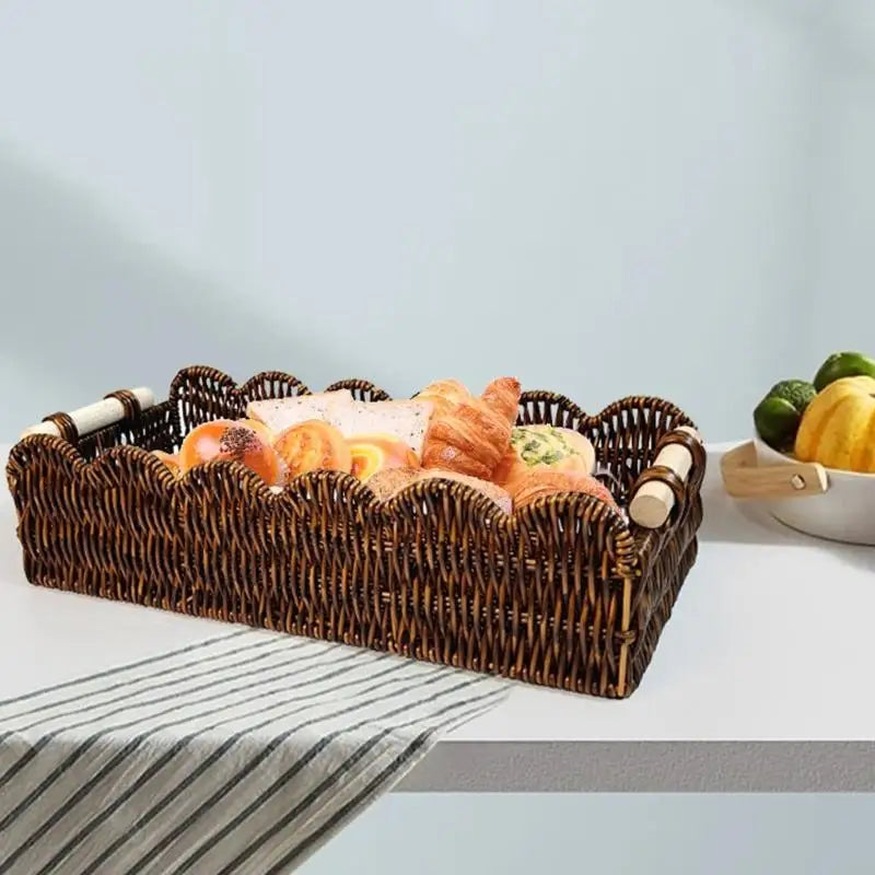 panier rustique tressé marron poignées beige fruits rangement cuisine organisateur rectangle ondulé multifonction