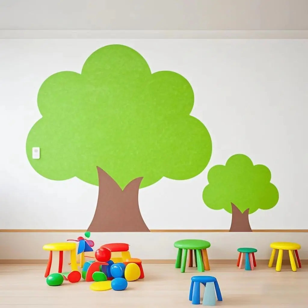 panneau mural arbre feutre vert rouge jaune rose orange décoration enfantine chambre classe