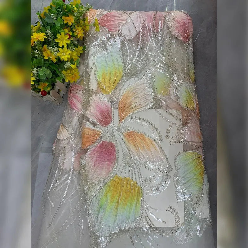 tissu brodé fleurs gris rose vert violet blanc tissu polyester opacité