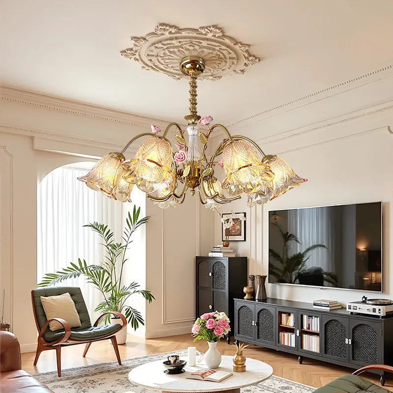 chandelier floral or rose led abat jours transparents têtes vintage