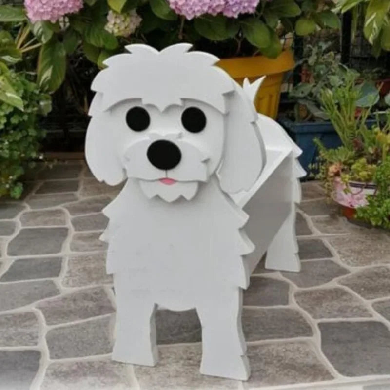 cache pot chien forme cartoon blanc beige marron noir rose vert détails visage plante