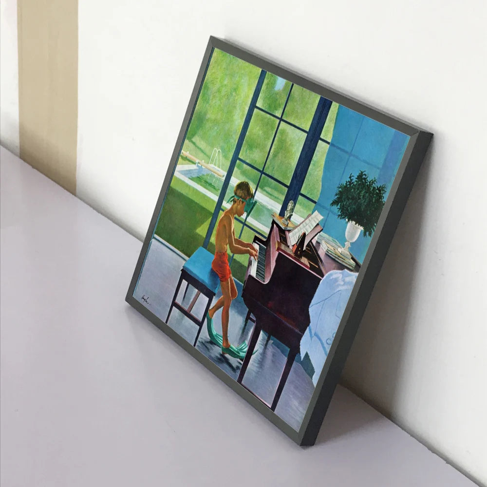 tableau toile huile enfant piano vert bleu brun contemporain maison décoration mur carré