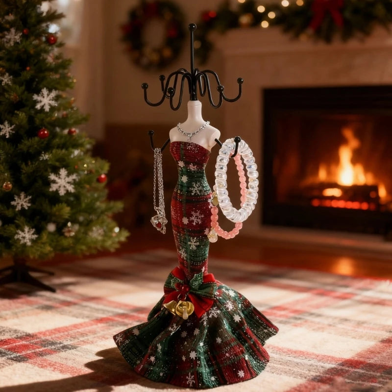 porte bijoux mannequin buste plaid noël rouge vert clochettes festive métal crochets
