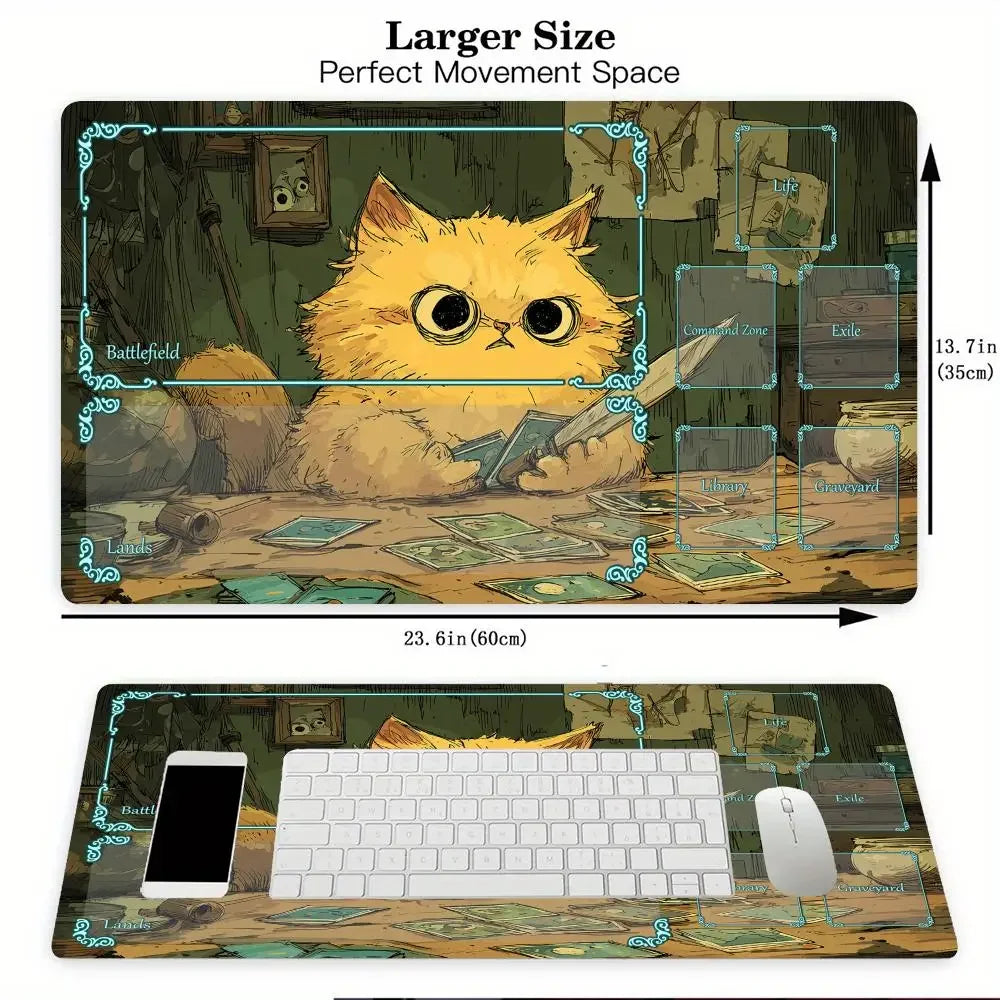 tapis jeu illustration chat cartes texturé zones jeu vert beige bleu clair art détaillé
