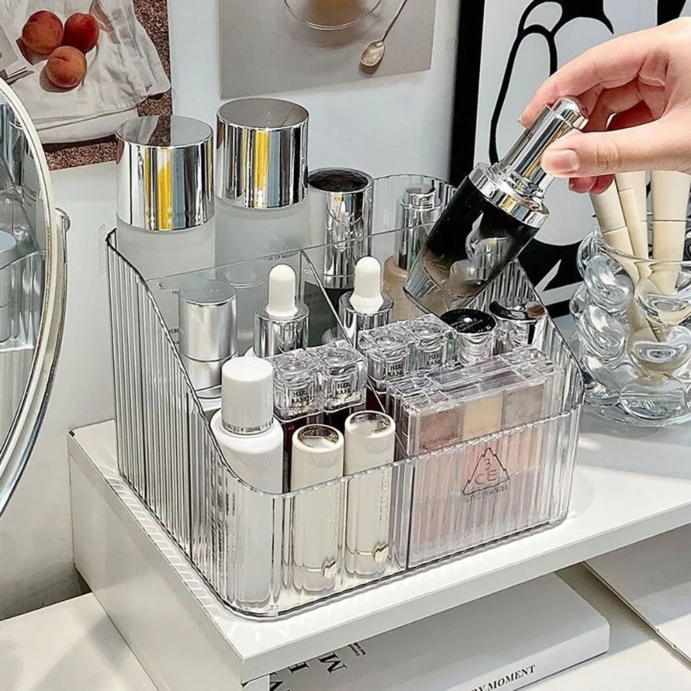 organisateur maquillage transparent moderne rayures pinceaux palette fards flacons parfum réutilisable plastique