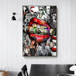 impression toile art urbain pop art street lèvres rouges crânes graffiti mur décoration chambre