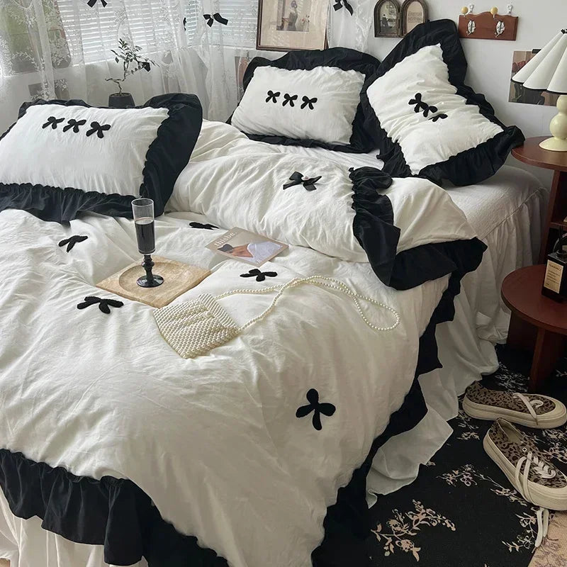 ensemble literie housse couverture taies nœuds noirs volants blancs filles doux