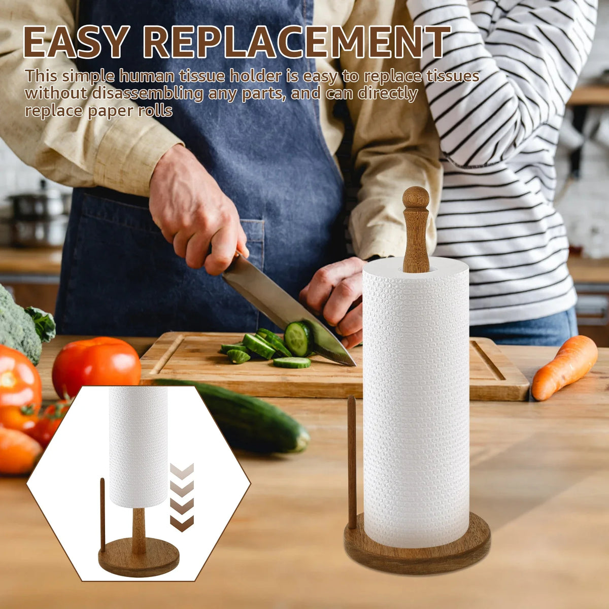 porte rouleau papier cuisine marron clair rustique deux tiges bois base circulaire anti dérapants