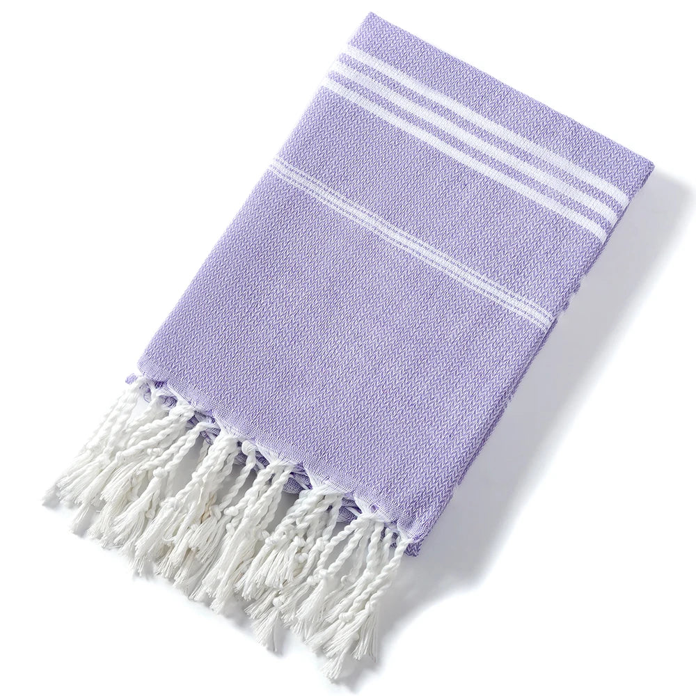 serviette plage coton rayée bleu clair rose franges rapide absorption moderne rustic