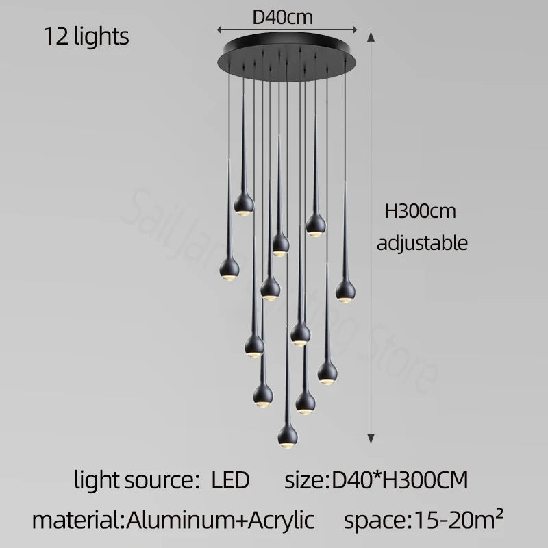 suspension lumineuse argentée gouttes pluie contemporaine fil 2000 82000 lumens chambre salon étude