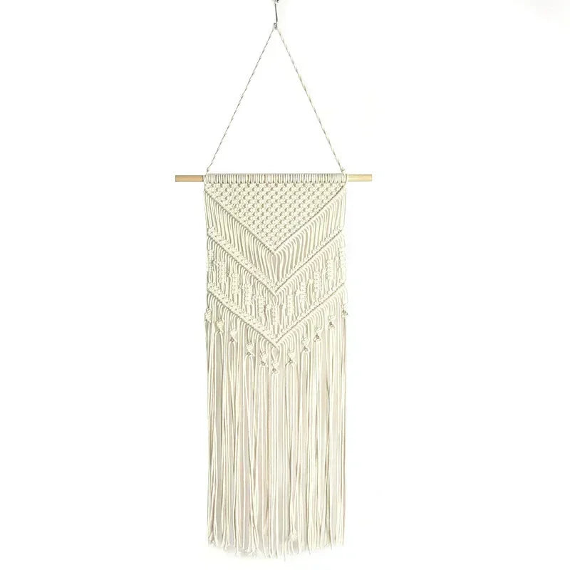 tapisserie macramé boho chic beige motifs géométriques franges moderne suspension maison