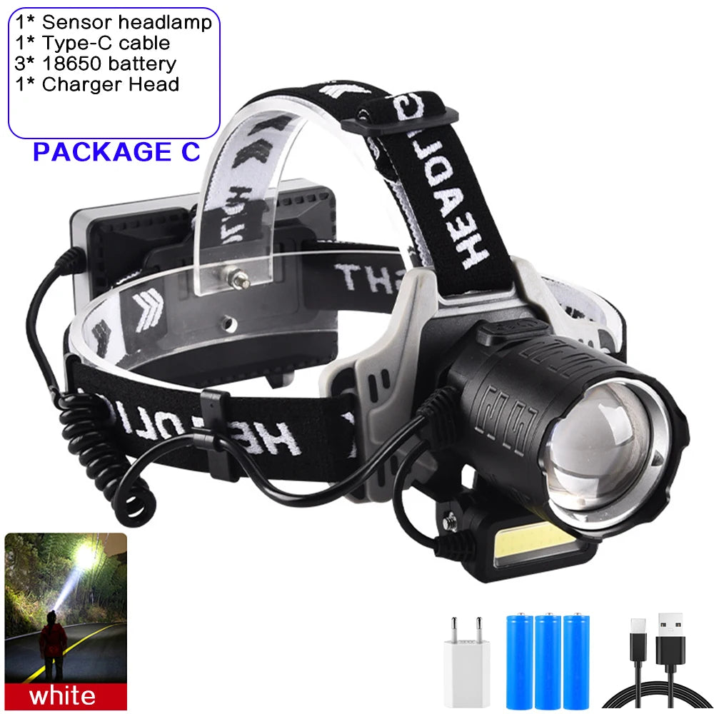 lampe frontale rechargeable zoomable led noir gris blanc affichage numérique bouton mode sensoriel camping
