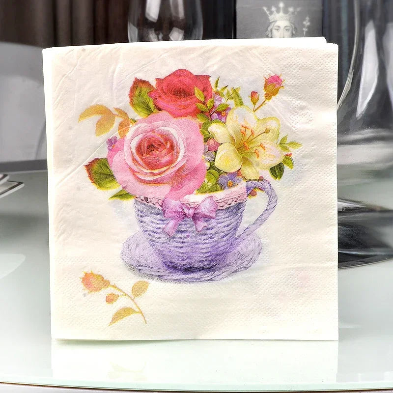 serviettes papier bouquet fleurs tasse vintage blanc rose violet jaune vert mariage festive