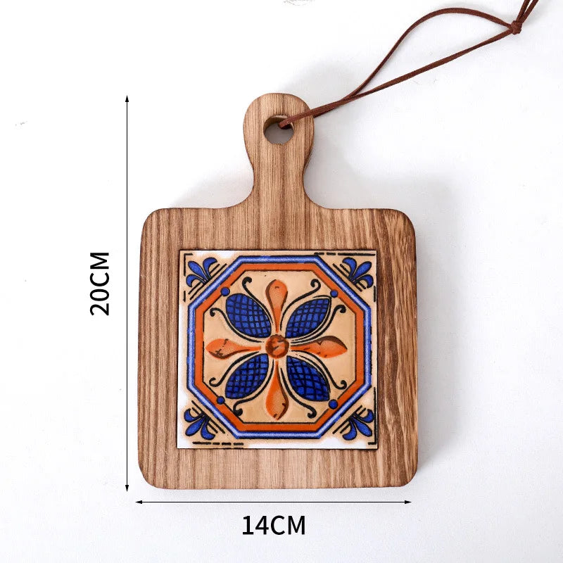 planche découper artisanale motifs floraux colorés cartes d'information bois naturel 20cm 14cm