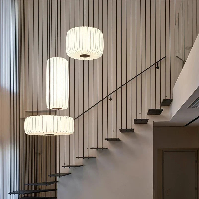 suspension lumineuse moderne soie beige clair rayures horizontales opacité chaînes noires 4200K 3000K 6500K