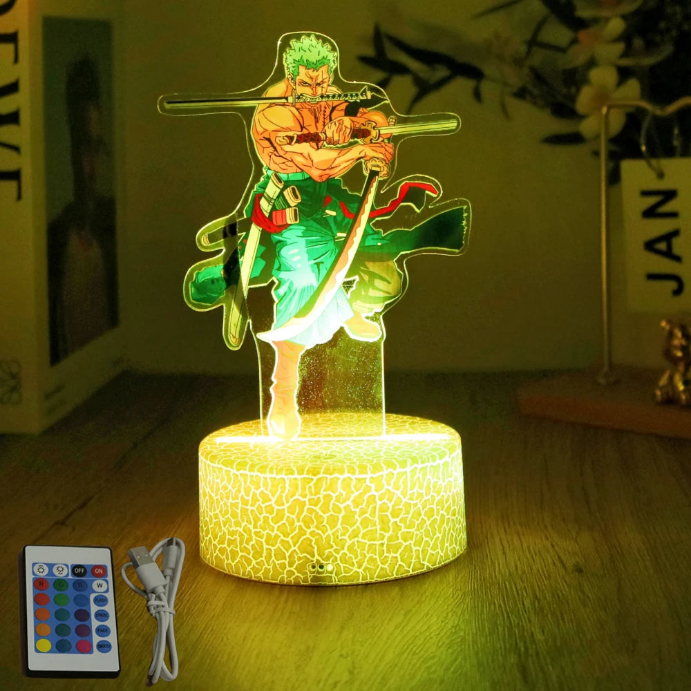 lampe led 3d anime luffy zorro cracked surface télécommande câble usb nocturne rouge vert