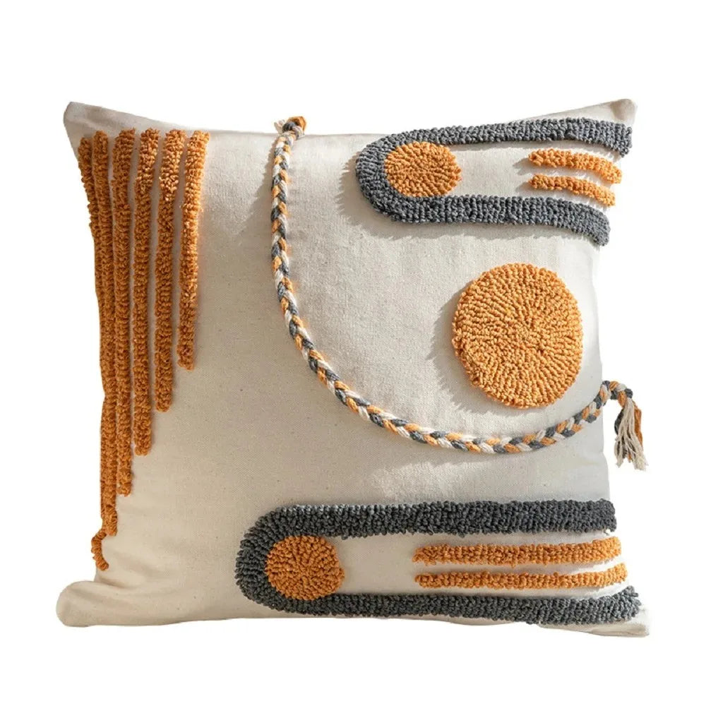 taies d'oreiller géométriques brodées modernes coton polyester blanc orange gris respectueux environnement opaques maison