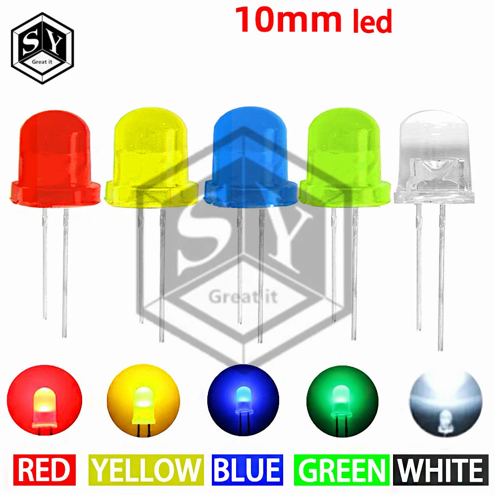 Diodes led rouge bleu jaune vert blanc 10mm ultra lumineuses transparentes standard 1pcs 5couleurs