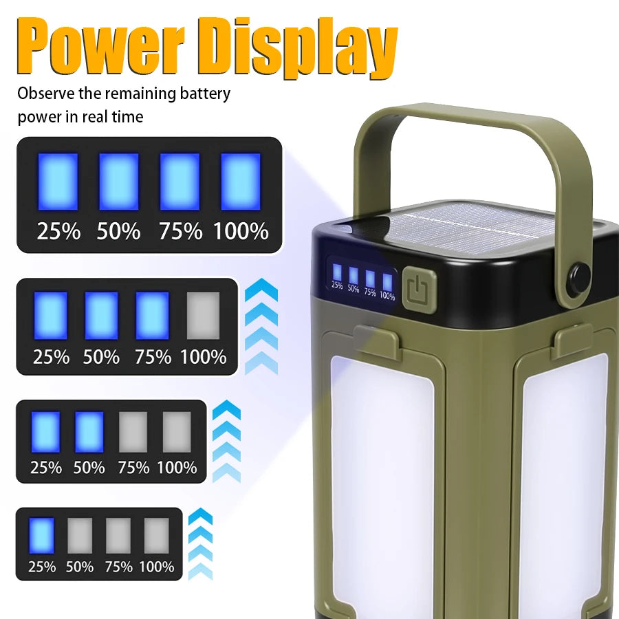 lampe camping solaire rechargeable led vert olive noir moderne modes affichage puissance poignée amovible