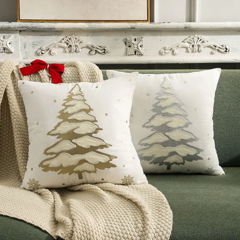 housses coussin noël arbre flocon doré blanc decoration maison car sofa 45x45cm handwash confort