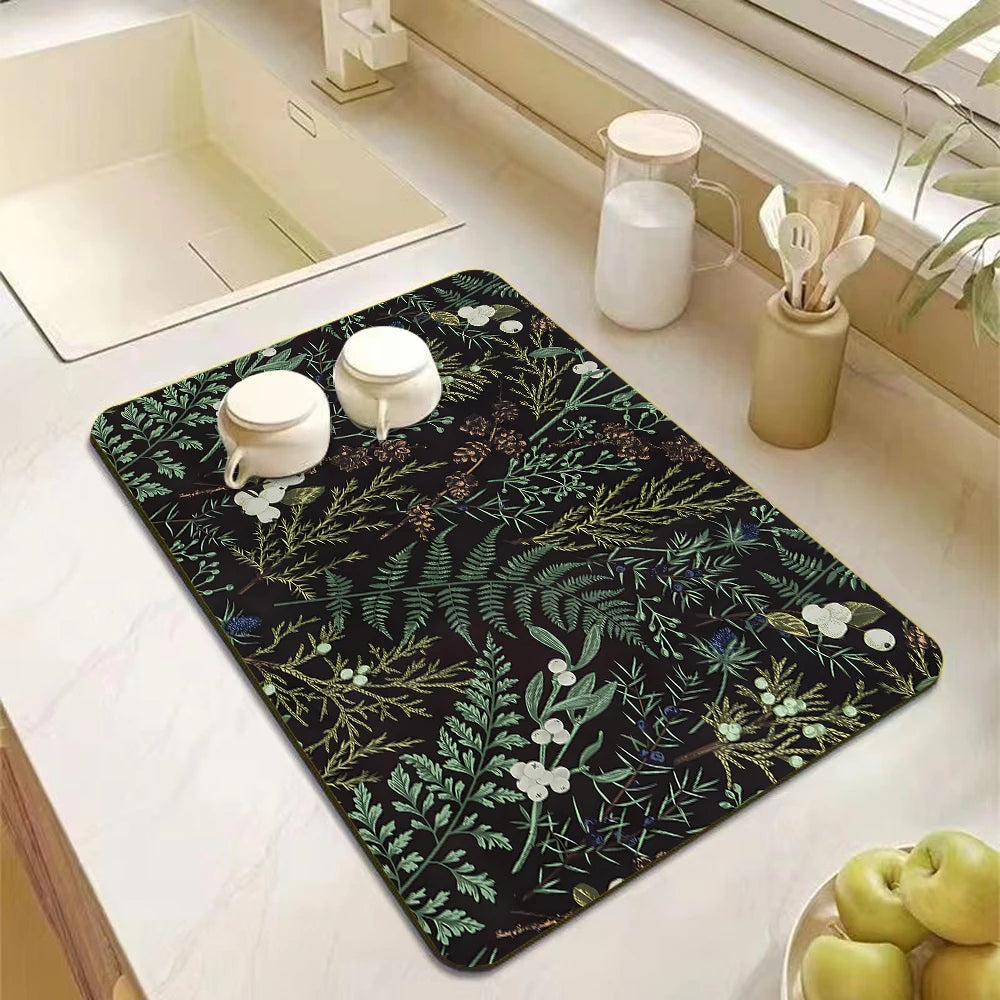 tapis séchage vaisselle moderne fleurs oiseaux bleu marine vert orange blanc