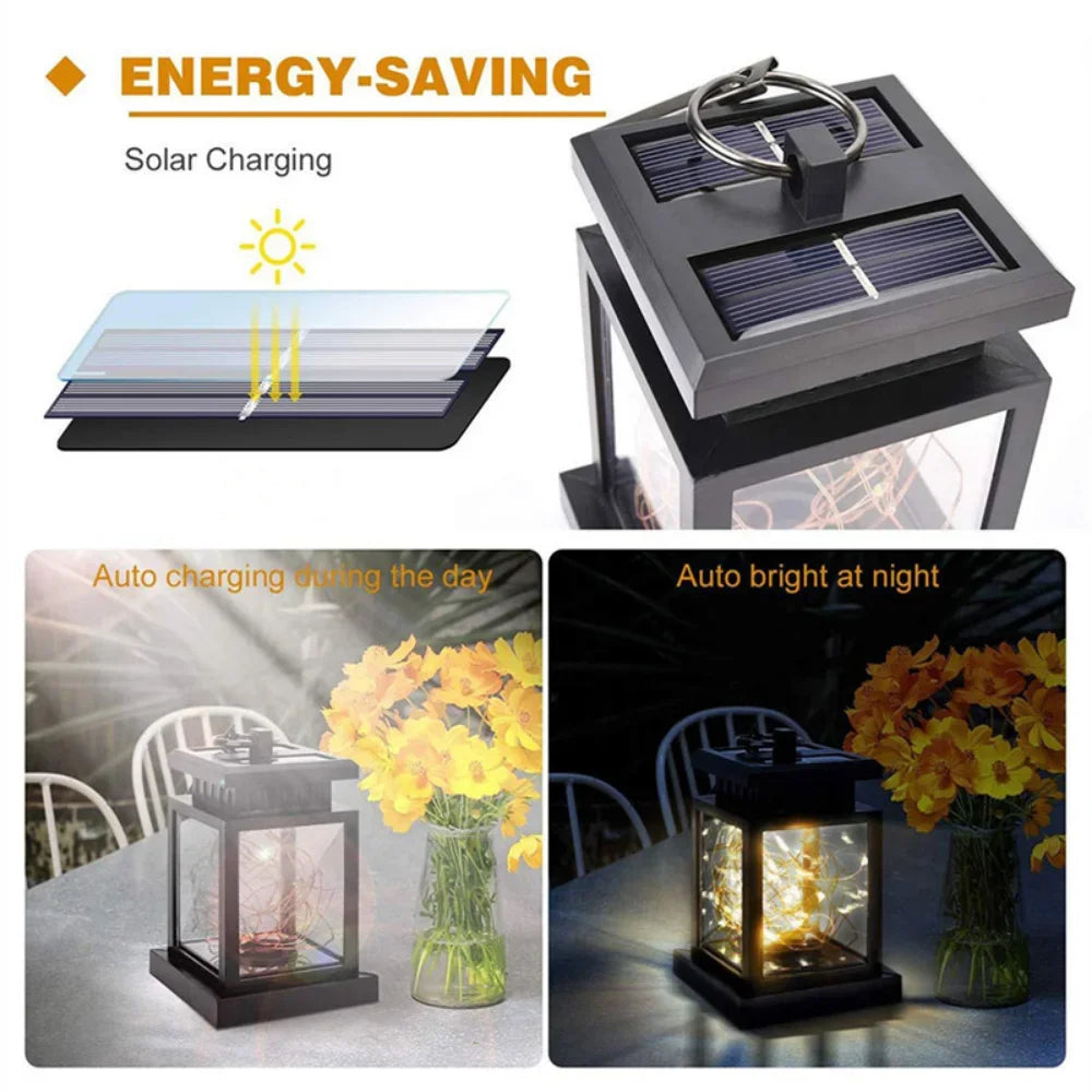 lanterne solaire décorative vintage rustique lumière jaune imitation flamme bougieextérieur ambiance camping jardin decoration