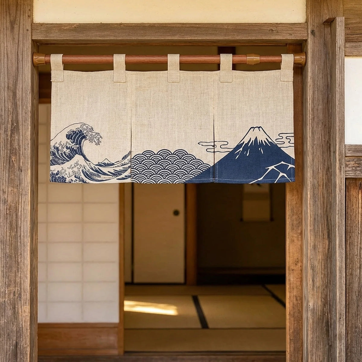 tringle métallique rideau japonais semi transparent bleu foncé motifs floraux mont fuji grues calligraphie