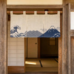 tringle métallique rideau japonais semi transparent bleu foncé motifs floraux mont fuji grues calligraphie
