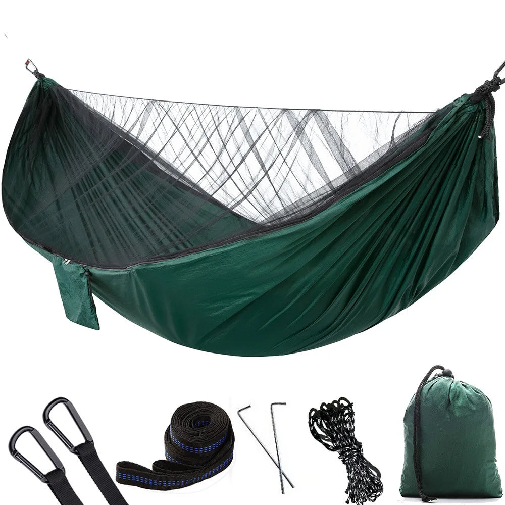 hamac deux personnes vert olive parachute léger filet antimosquitos carabines inox piquets aluminium sac