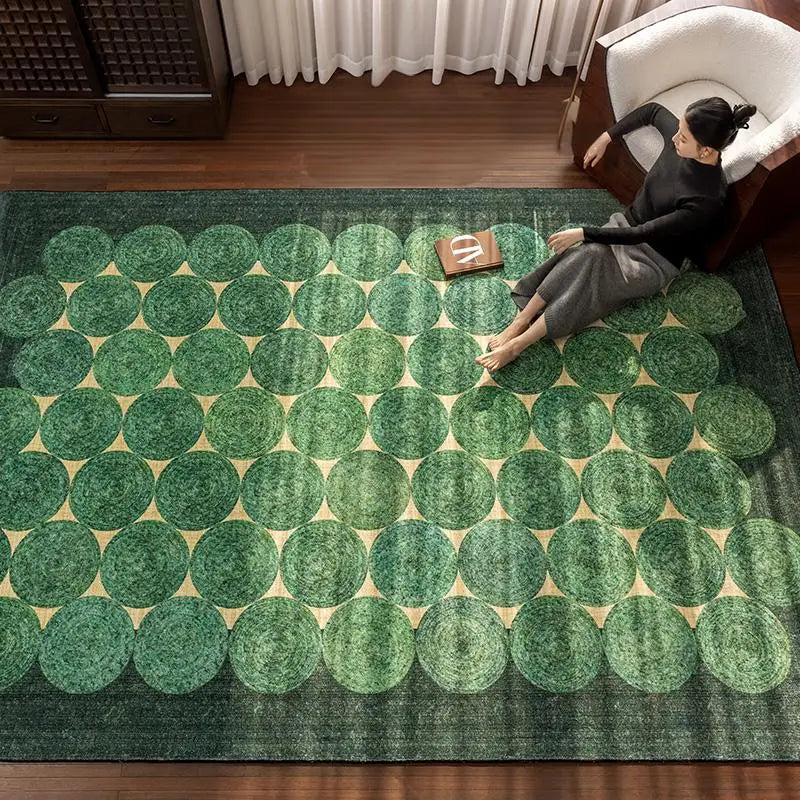tapis vert moderne salon durable polyester texture douce adhésif circulaire géométrique